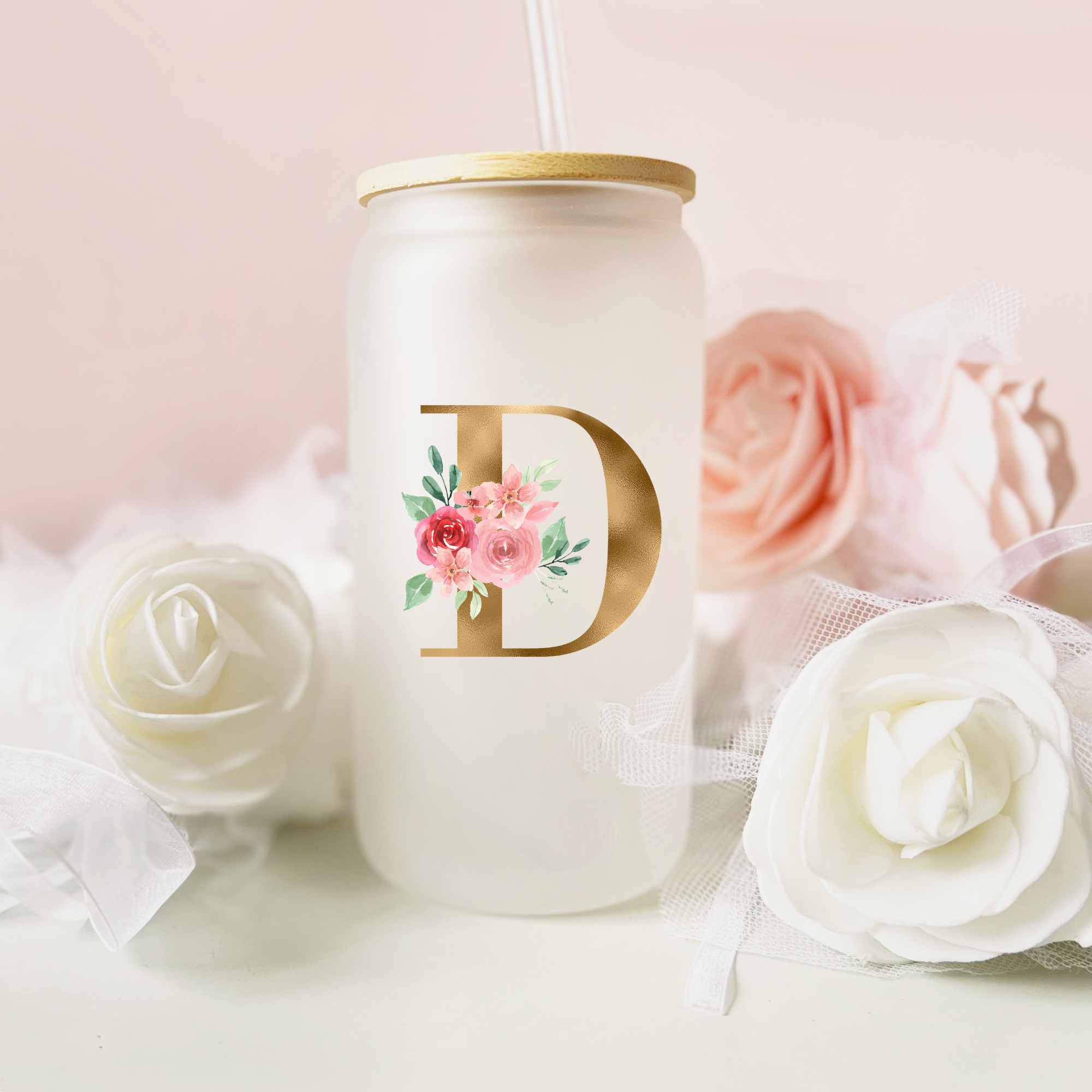 16oz Frosted Glass Bamboo Floral Initial Tumbler
