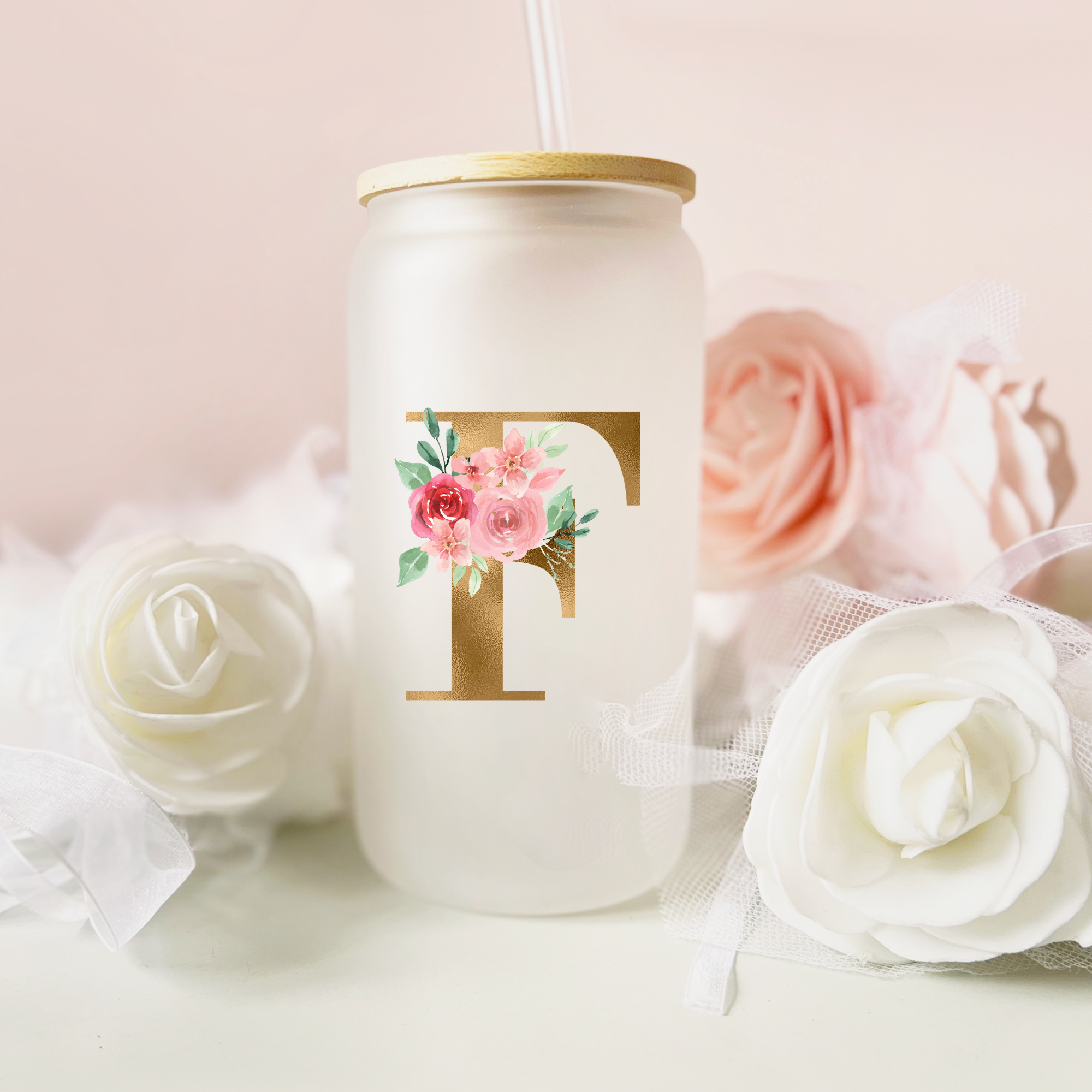 16oz Frosted Glass Bamboo Floral Initial Tumbler