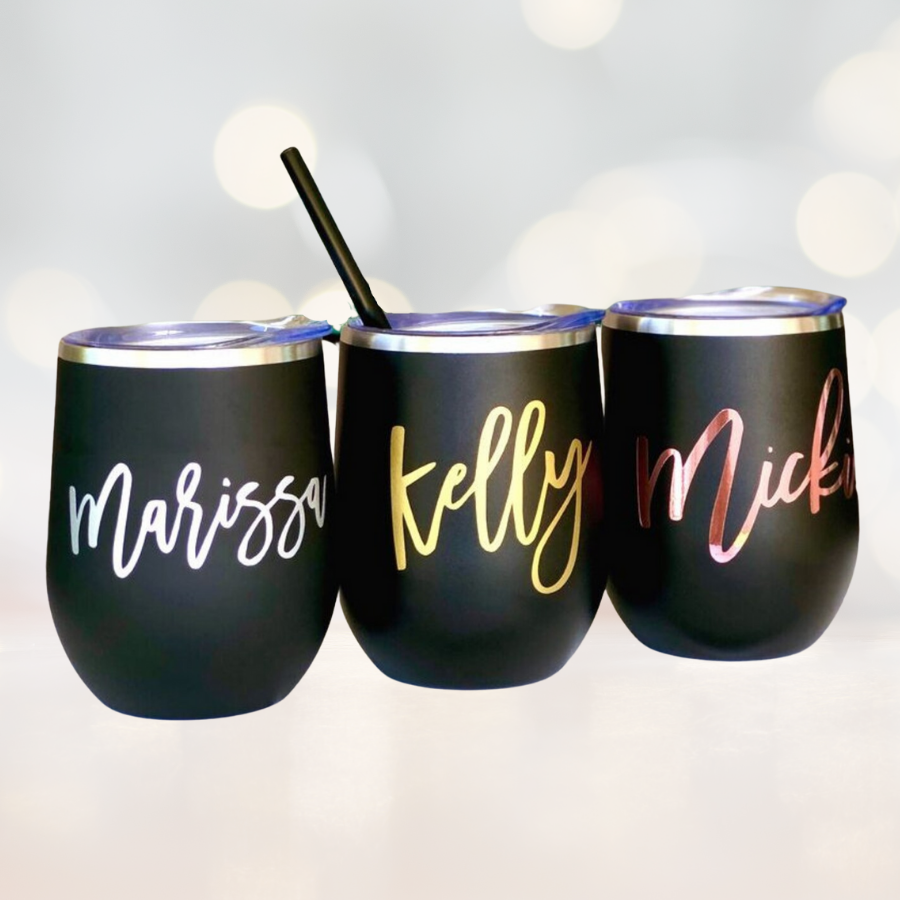 Matte Black Personalized Wine Tumblers - Silver, Gold or Rose Gold Text